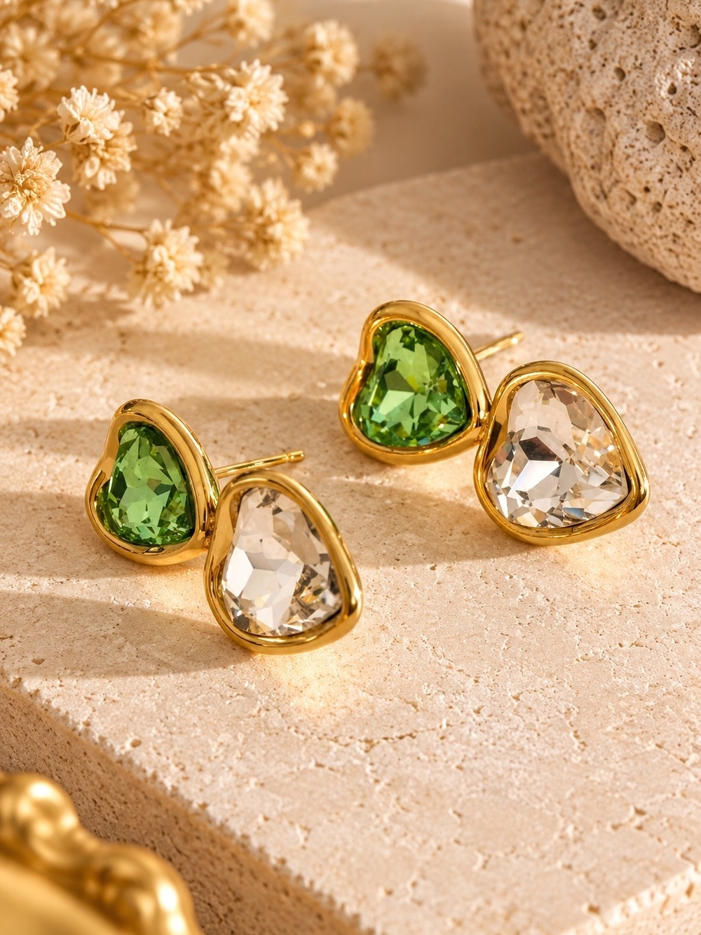 Gold Teardrop Stud Earrings with Green and Clear Stones - Picture 3 of 5